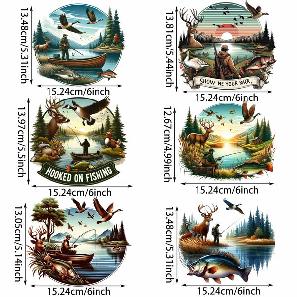 6 Sheets Hunting Themed Iron-On Decals – Deer, Fishing, Duck Heat Transfers for DIY T-Shirts, Masks, Jeans, Backpacks & Hats – Outdoor Adventure & Camo Designs for Hunters & Anglers