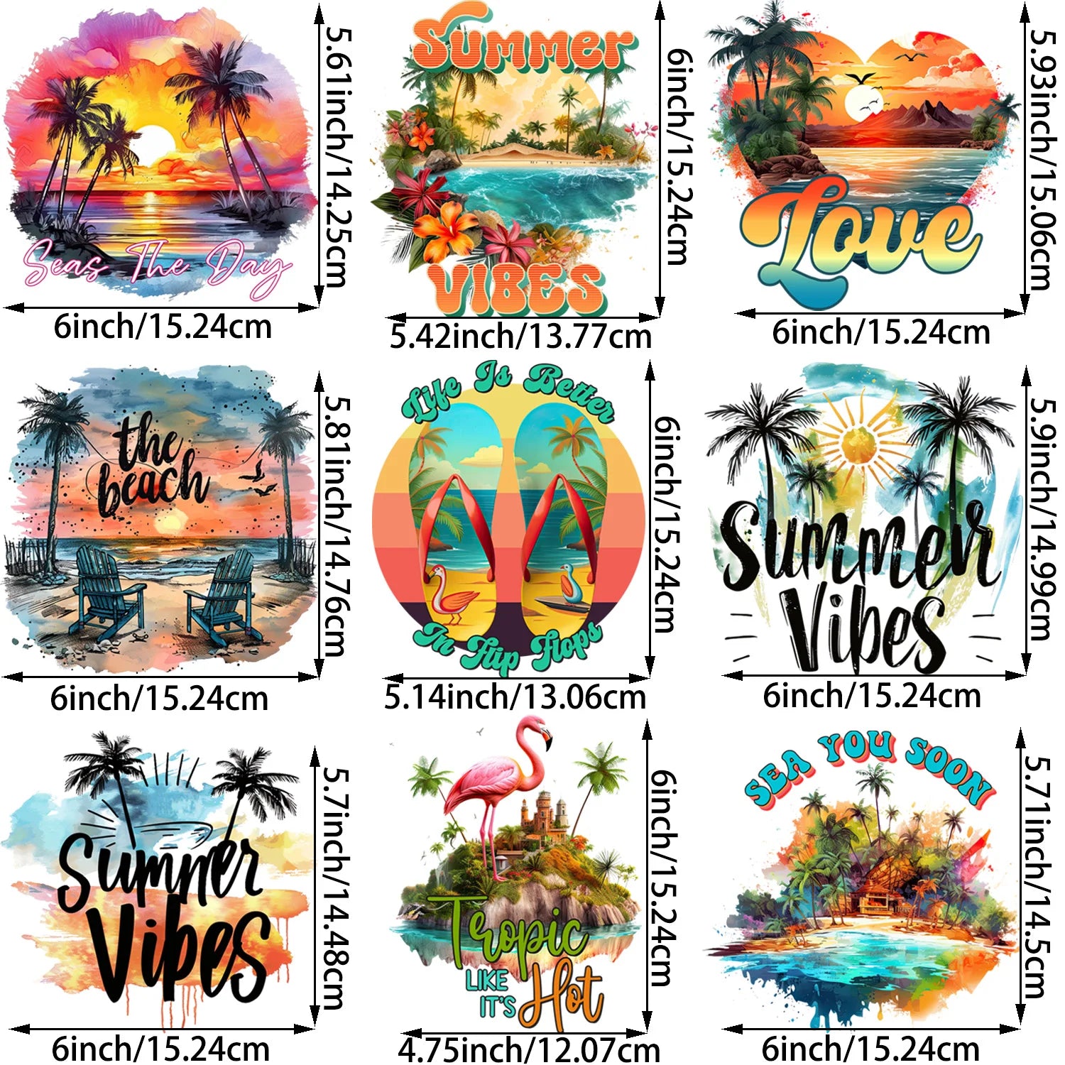 9 Pack Summer Sunset Iron-On Patches – Beach Theme Heat Transfers for T-Shirts, DIY Clothing & Vacation Crafts – Tropical Sun, Palm Trees, Ocean Waves & Coastal Designs