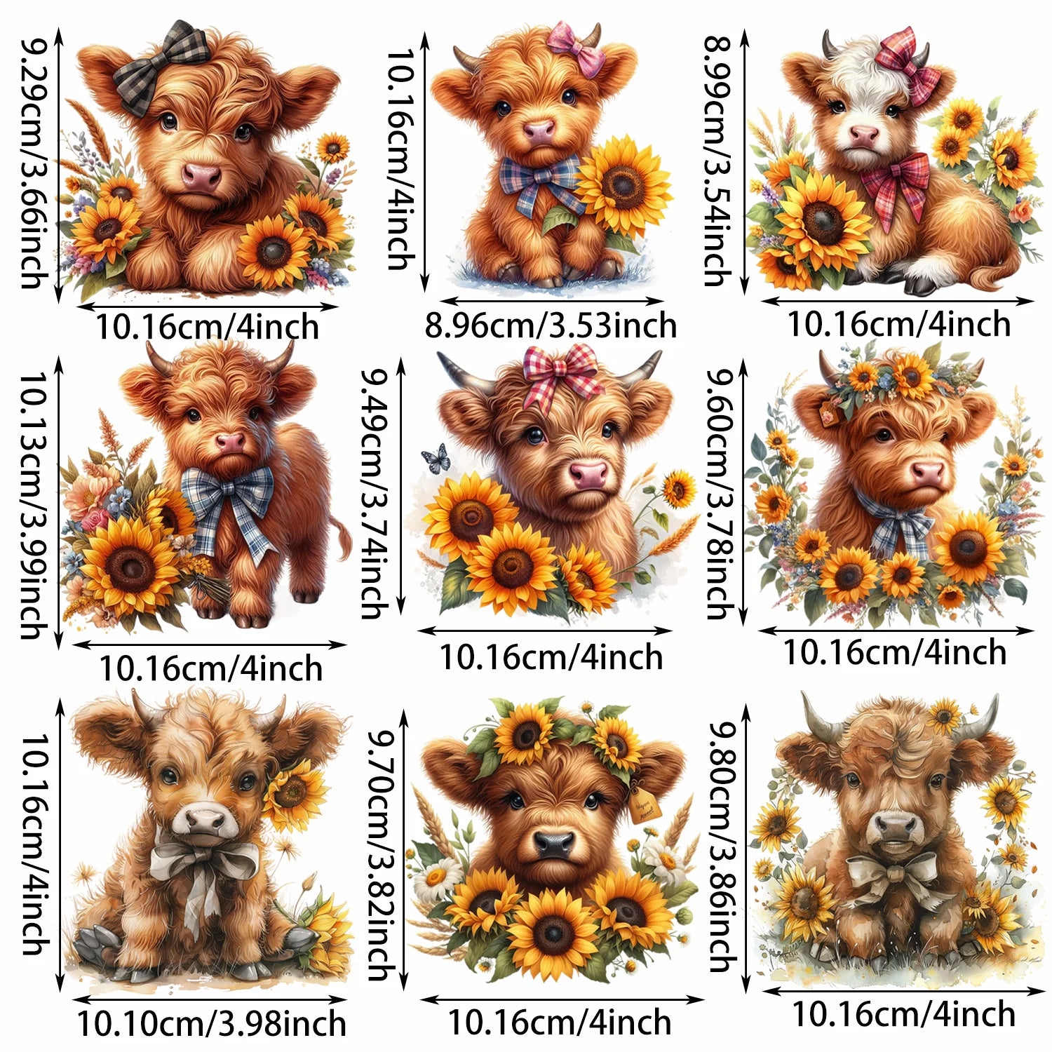 9 Sheets Highland Cattle Iron-On Decals – Funny Animal Theme Heat Transfers for T-Shirts, Sunflower Designs, DIY Clothing, Masks & Jeans – Cows with Flowers, Fluffy Faces & Country Style