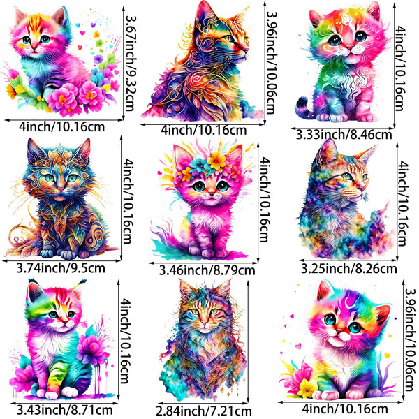 9 Pack Watercolor Cute Floral Cat Iron-On Transfers – Heat Press Decals for T-shirts, Tote Bags, Sweatshirts & DIY Gifts (Assorted Cat Designs)